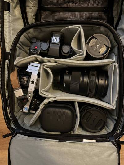 Camera gear inside Peak Design Travel Backpack 45L